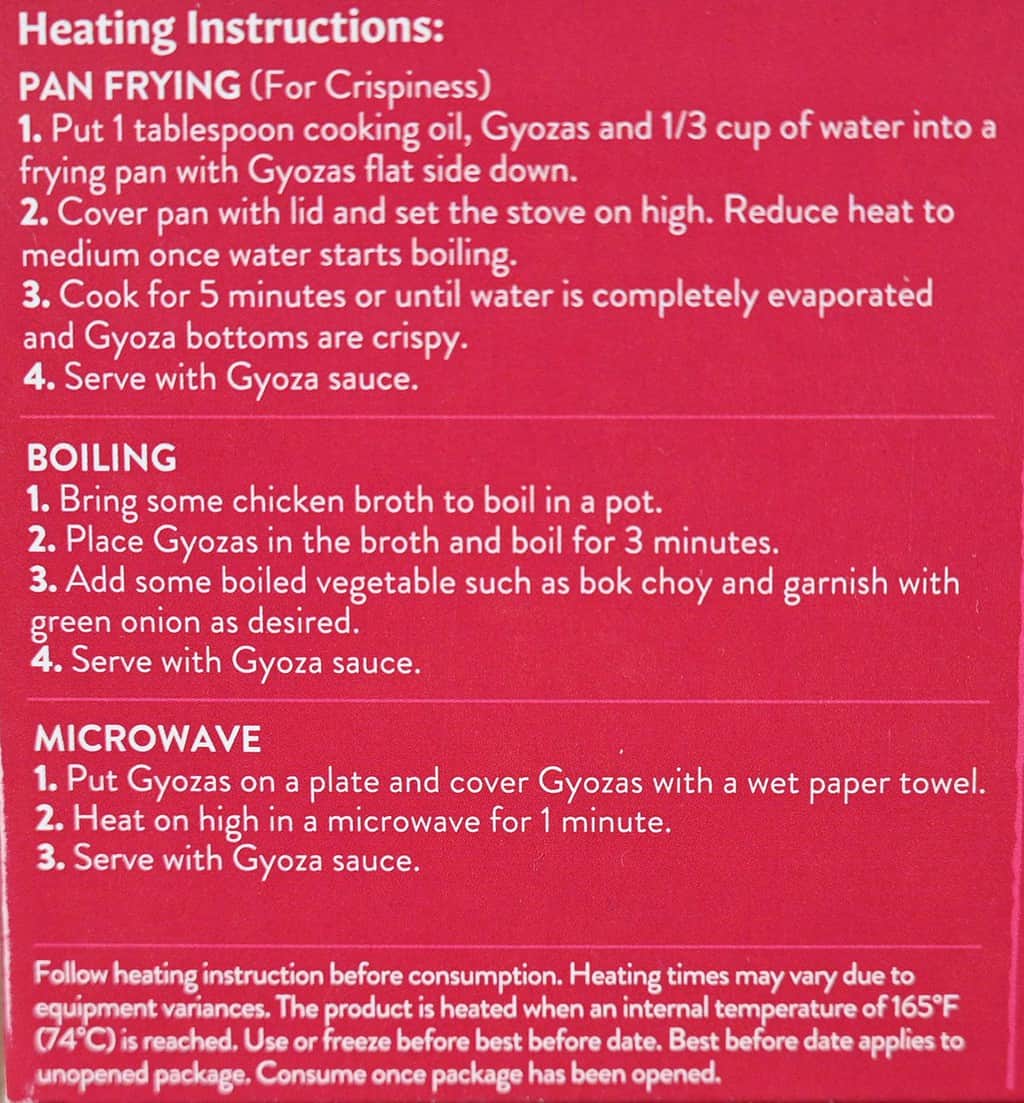 Costco Summ! Pork & Shiitake Gyoza Dumplings heating instructions