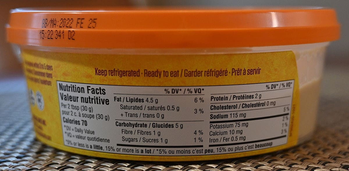 Costco Fontaine Santé Humm! Caramelized Onion Hummus nutrition facts from container.