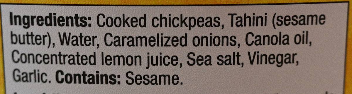 Costco Fontaine Santé Humm! Caramelized Onion Hummus ingredients from container. 