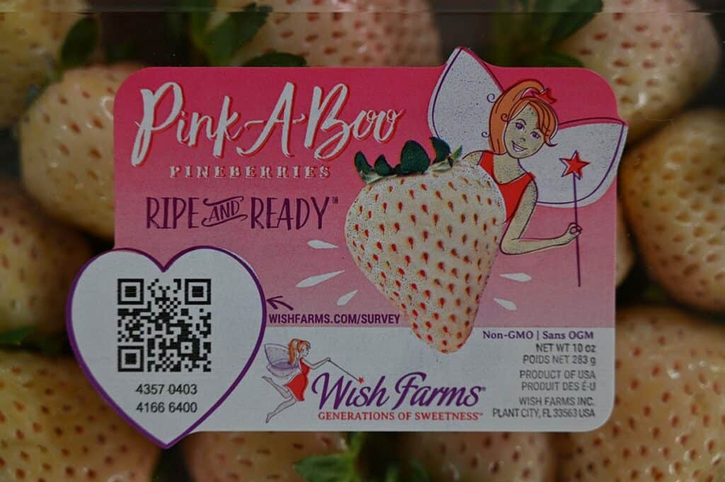 Costco Wish Farms Pink-A-Boo Pineberries closeup of label on container. 