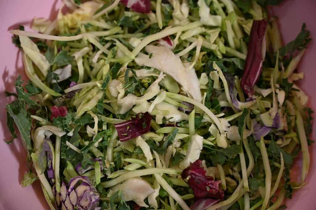 Costco Eat Smart Sweet Kale Salad Kit poured into a bowl, closeup image. 