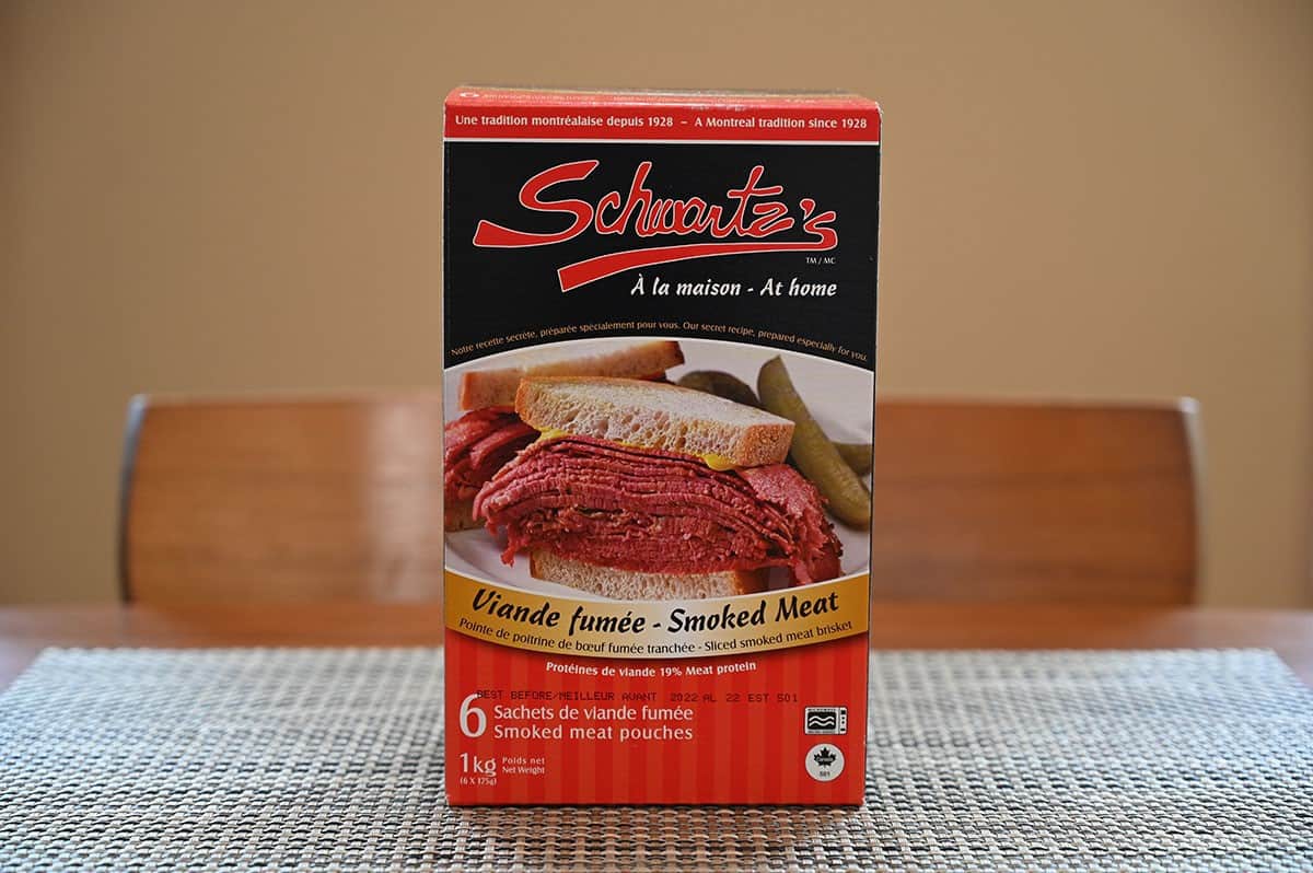 Costco Schwartz's Smoked Meat box sitting on a table. 