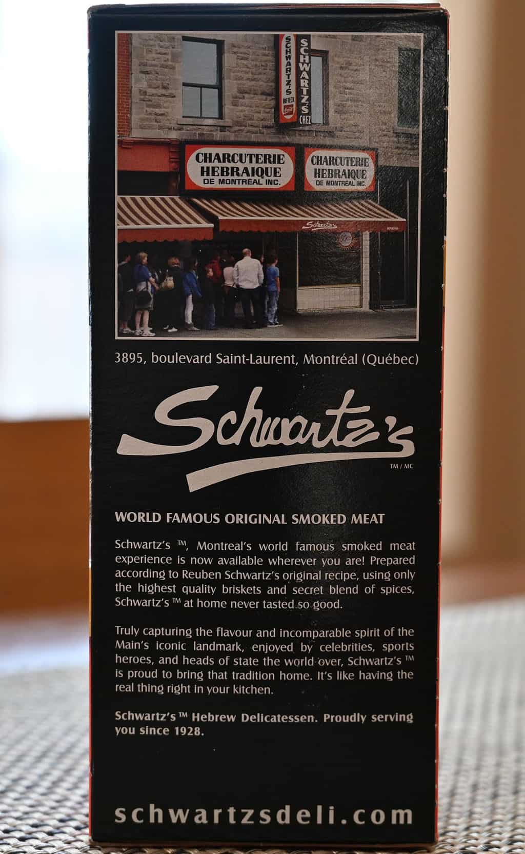 Schwartz's Smoked Meat company description from box. 