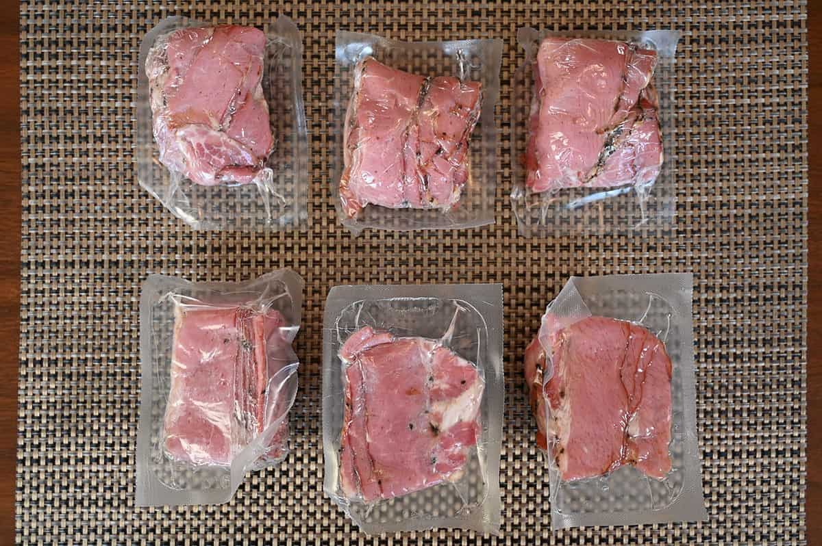 Image showing the six vacuum sealed packs of Schwartz's Smoked Meat. 