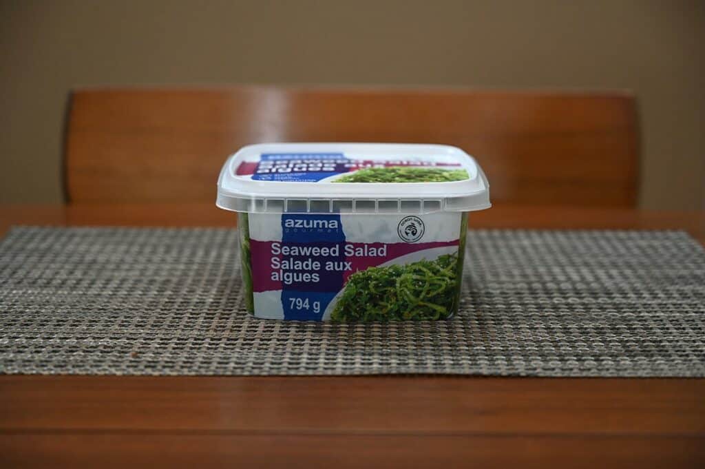 Costco Azuma Seaweed Salad container sitting on a table. 