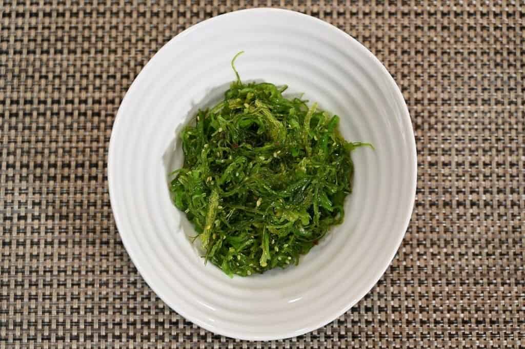 Costco Azuma Seaweed Salad served in a white bowl, top down image. 