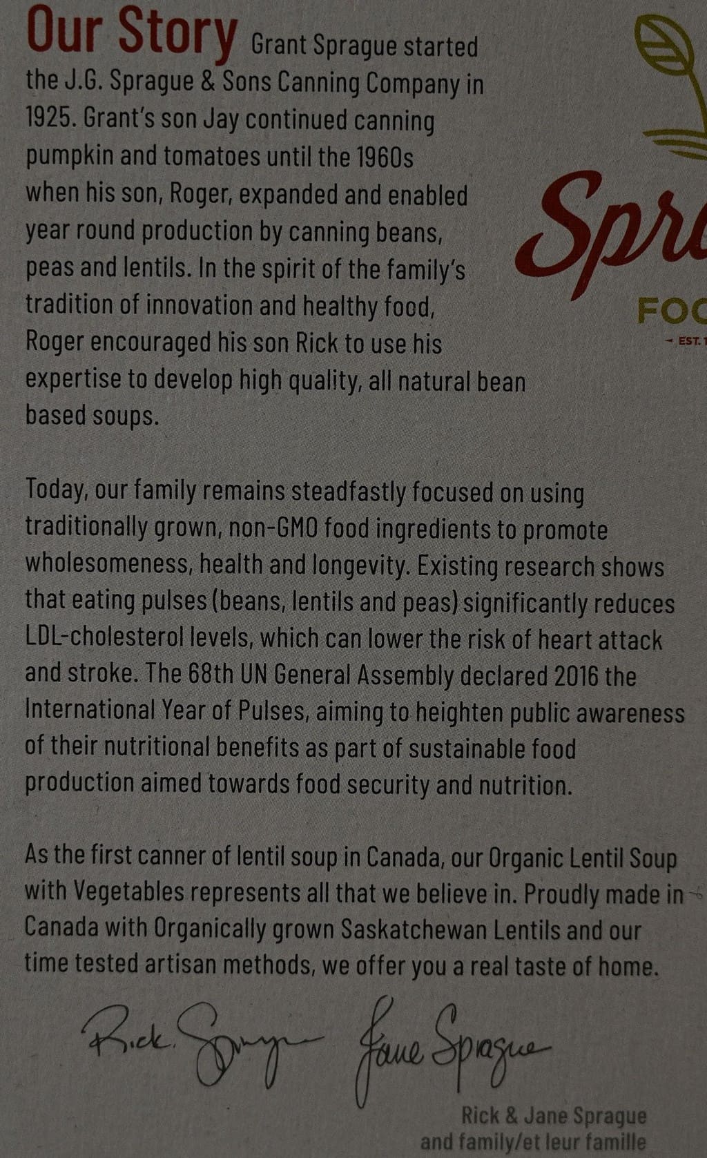 Costco Sprague Organic Lentil Soup company story from box. 