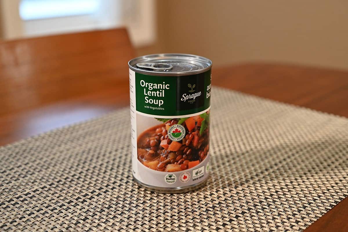 Sprague Organic Lentil Soup from Costco can sitting on a table. 