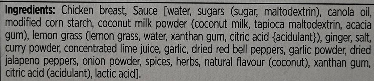 Costco Stoney Creek Thai Coconut Chicken ingredients from box. 