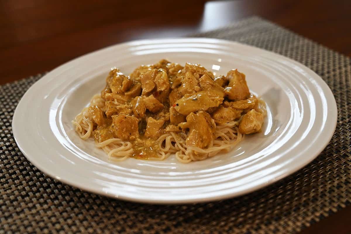 Costco Stoney Creek Thai Coconut Chicken heated and served on a white plate. 