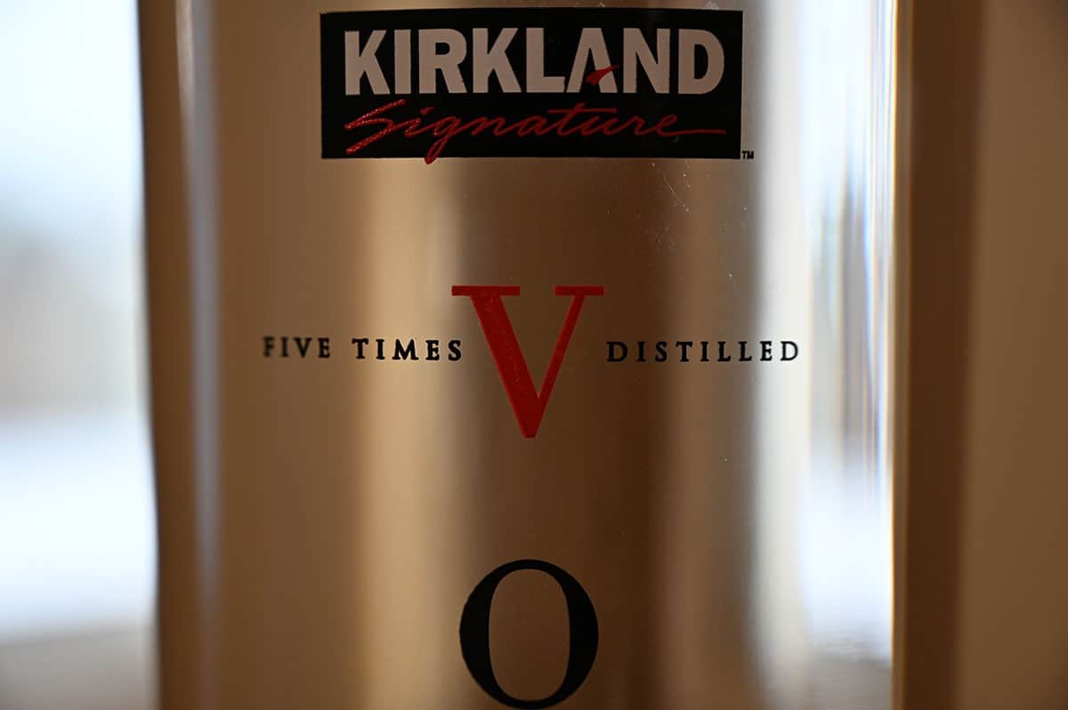 Costco French Vodka bottle stating five times distilled. 