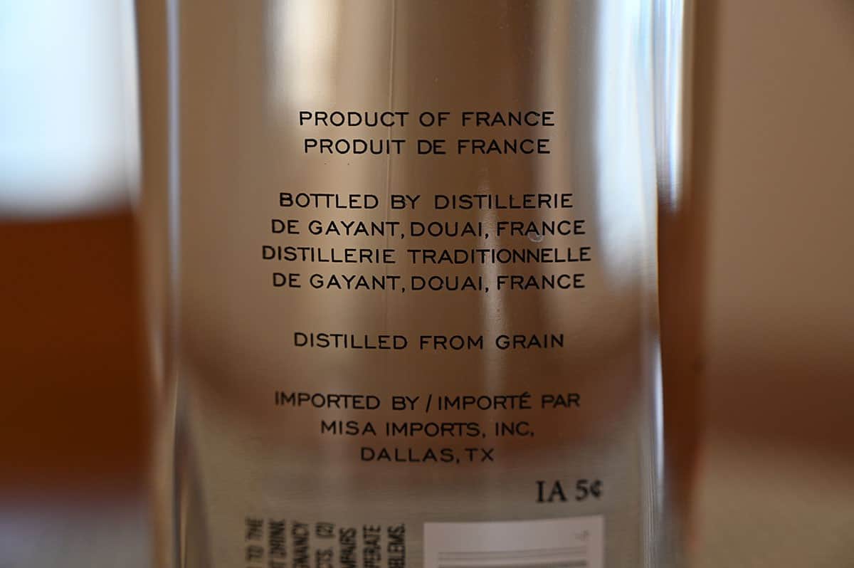 Close up image of the back of the French vodka bottle. 
