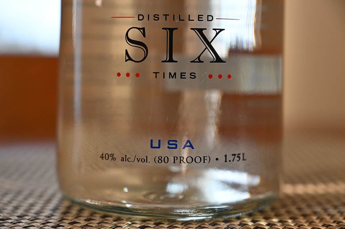 Close up image of the front of the Costco American Vodka bottle saying six times distilled. 