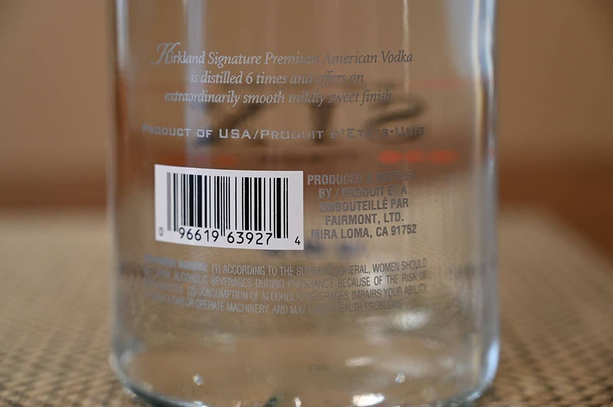 Closeup image of the back of the American vodka bottle. 