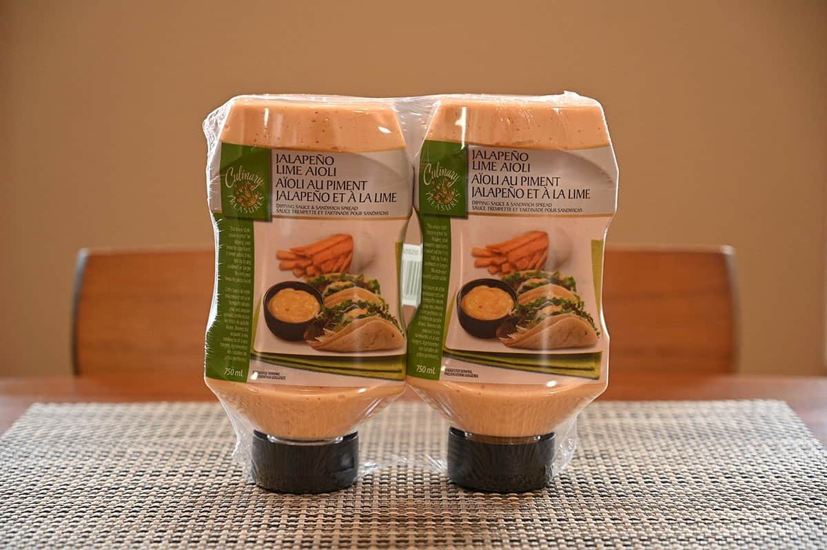 Costco Culinary Treasures Jalapeno Lime Aioli two pack shown sitting on a table. 