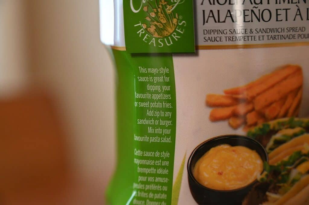 Costco Culinary Treasures Jalapeno Lime Aioli  product description from the bottle. 