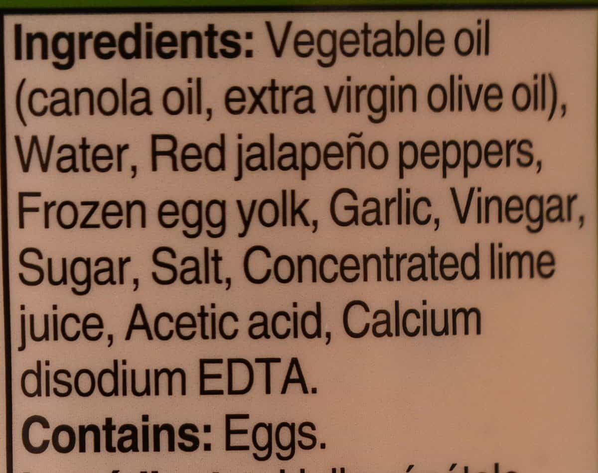 Costco Culinary Treasures Jalapeno Lime Aioli ingredients label. 