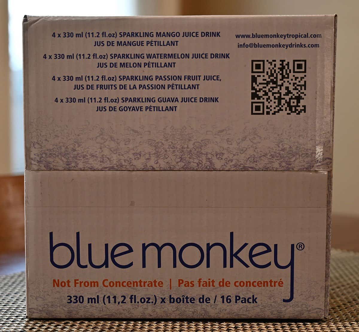 Image of the Costco Blue Monkey drinks box that shows there are four of each flavor in the box. 