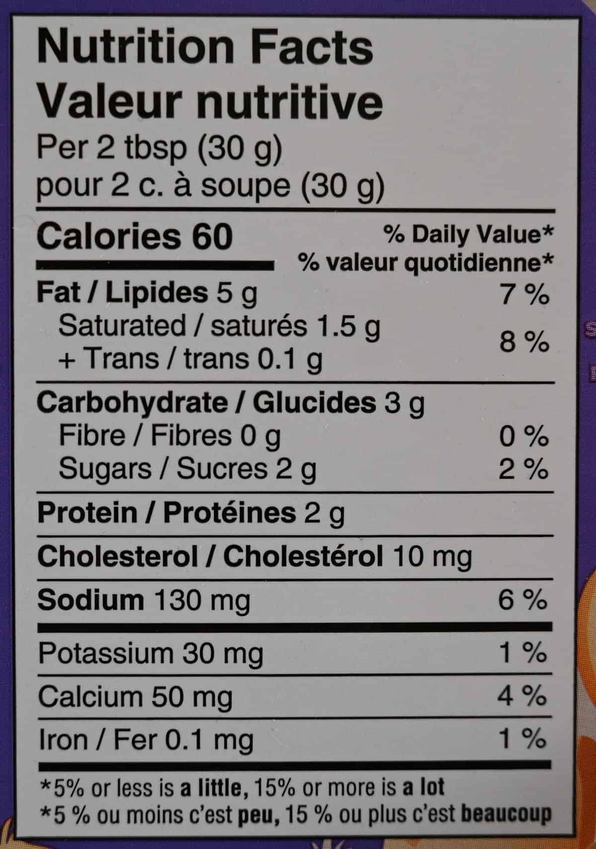 Costco Good Foods Caramelized Onion & Gruyere Cheese Dip Nutrition Facts label.