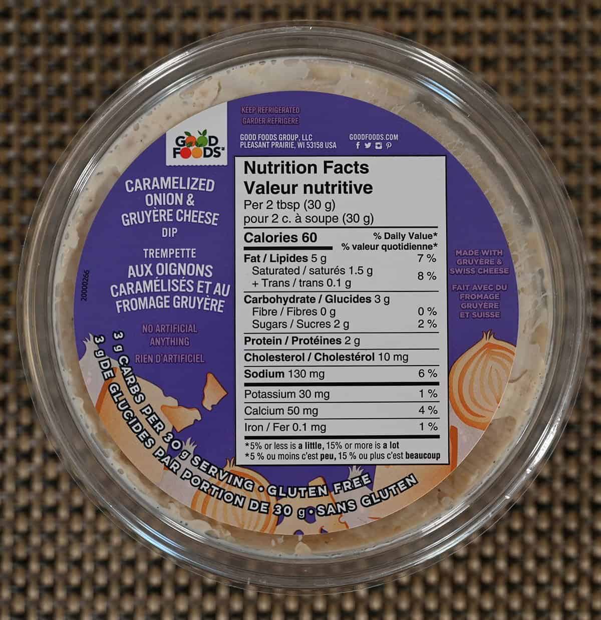Image of the Costco Good Foods Caramelized Onion & Gruyere Cheese Dip top of the container label. 