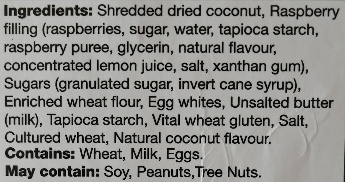 Costco Universal Bakery Coconut Bites ingredients label from the container. 