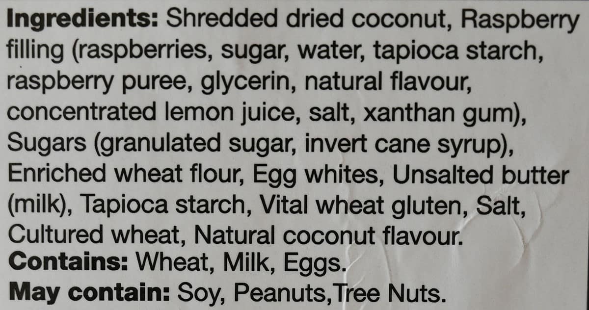 Costco Universal Bakery Coconut Bites ingredients label from the container. 