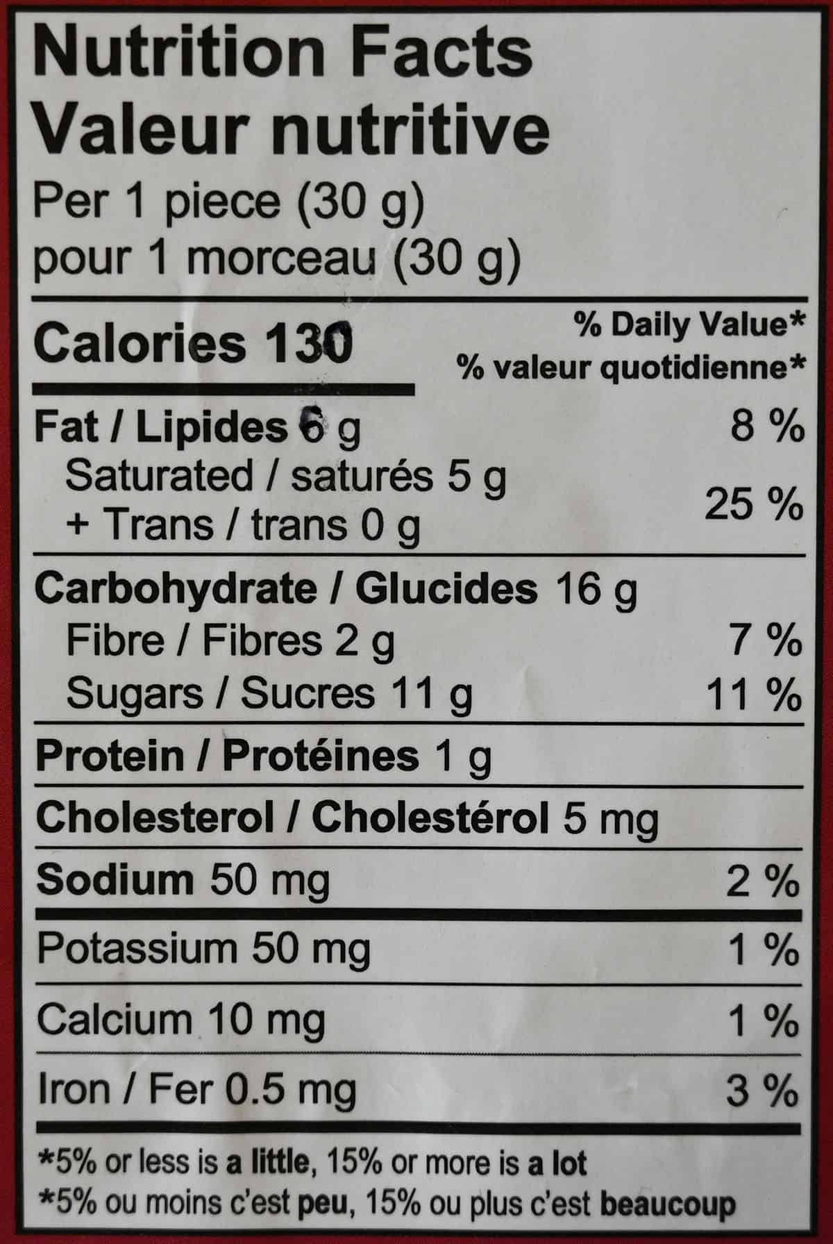 Costco Universal Bakery Coconut Bites nutrition facts label. 
