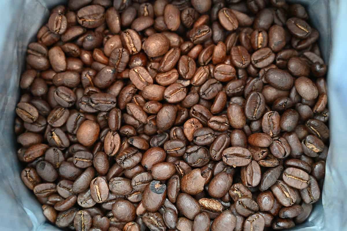 Image of the Costco Salt Spring Coffee beans in the bag, top down image. 