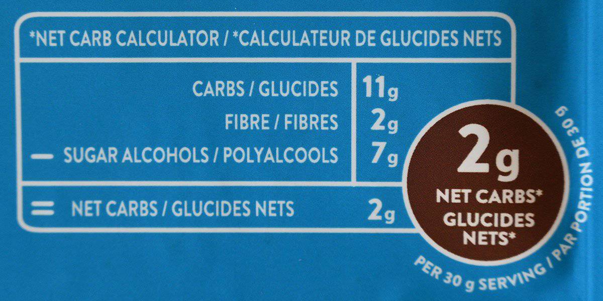 Image of Highkey cookies net carb calculator on bag two grams of net carbs per serving. 