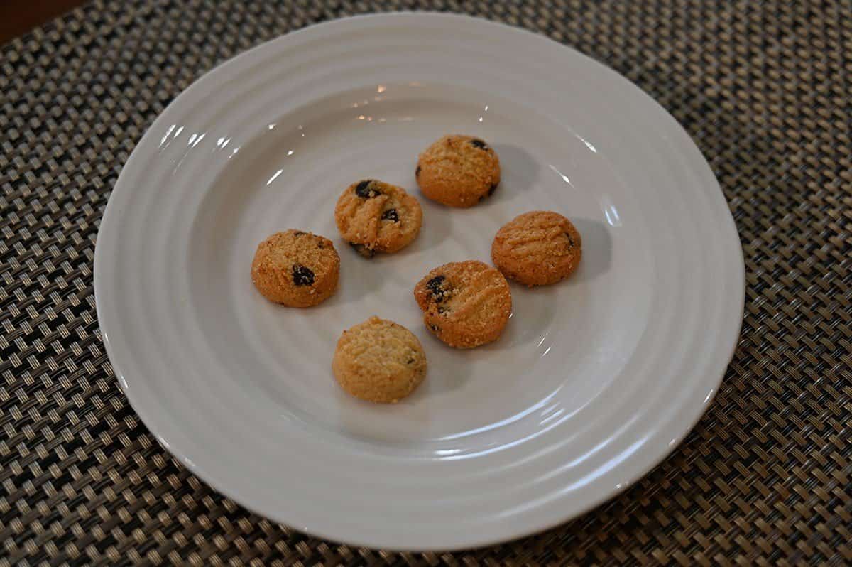 Image of six Costco Highkey cookies on a white plate. 