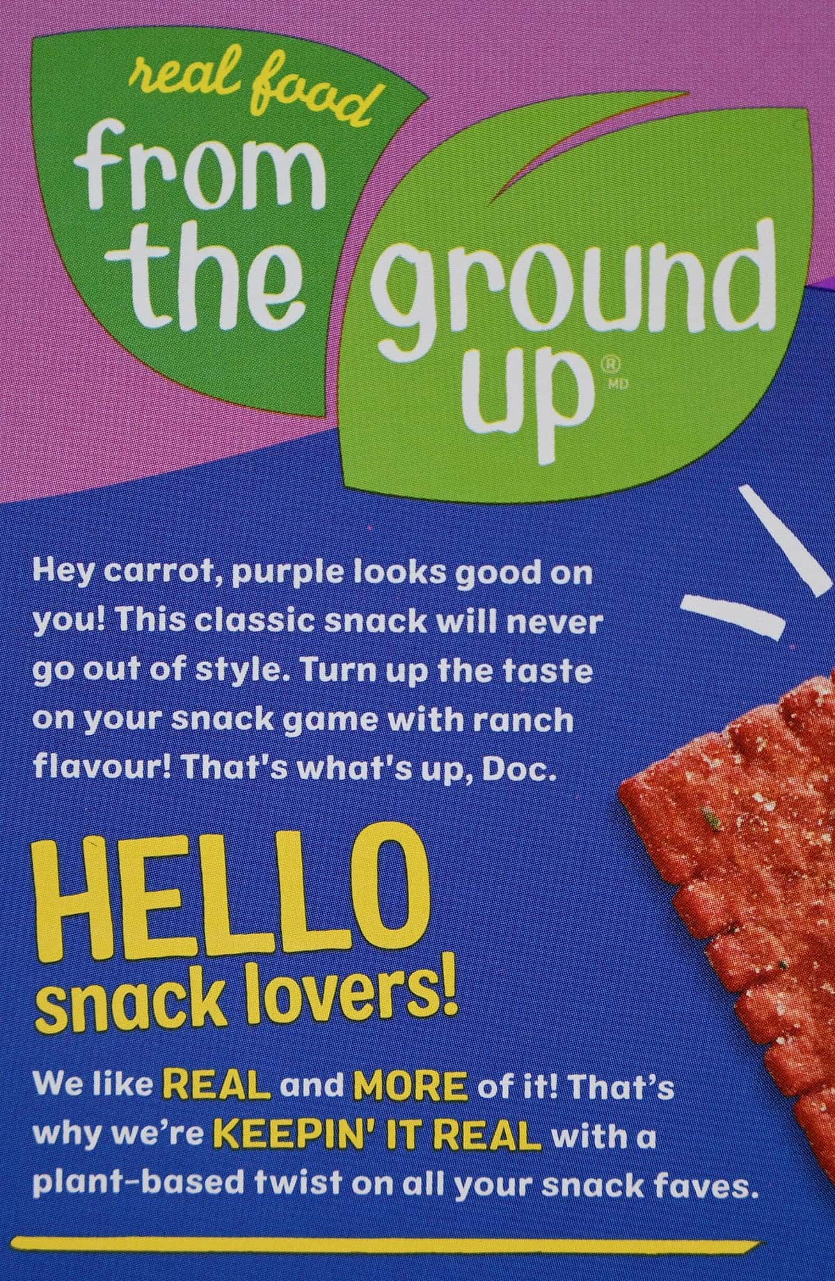 Costco From The Ground Up Purple Carrot Crackers company description from the box. 