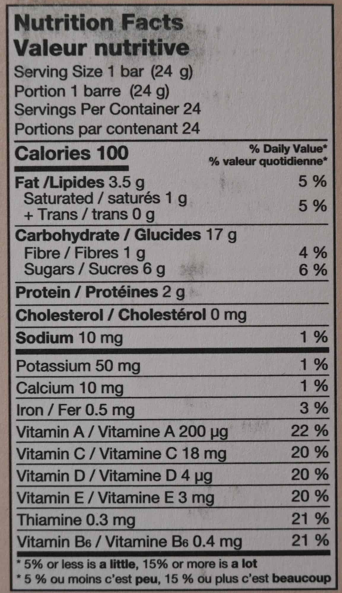 Costco MadeGood Chocolate Chip Granola Bars nutrition facts from box. 
