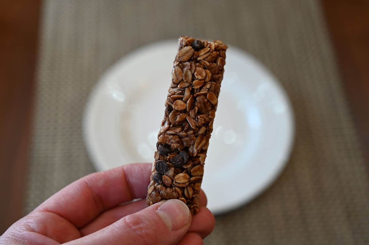 Costco MadeGood Chocolate Chip Granola Bar unwrapped, up close picture. 