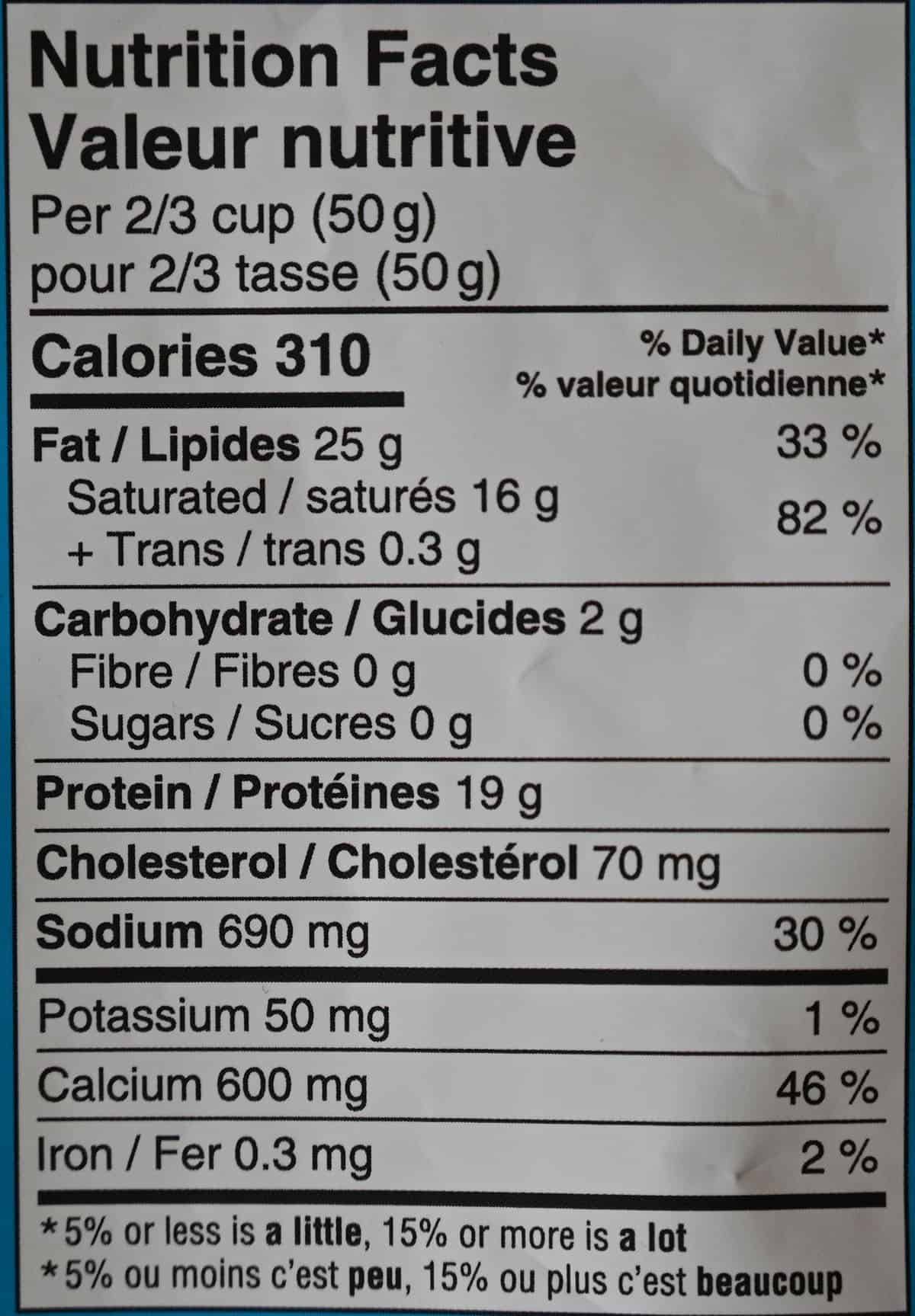 Nutrition facts label from bag. 