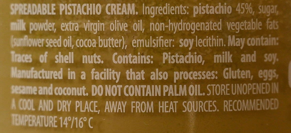 Costco pistachio cream ingredients list from jar. 