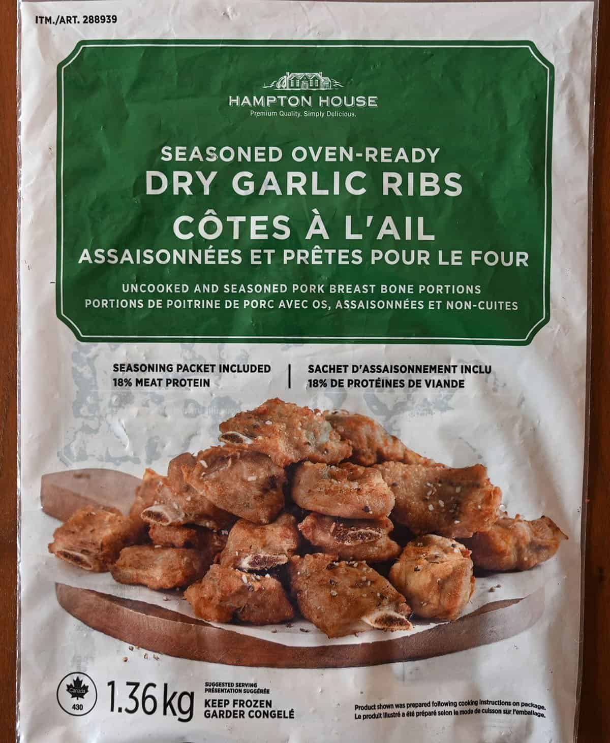 Close up image of the Costco Hampton House Dry Garlic Ribs bag. 