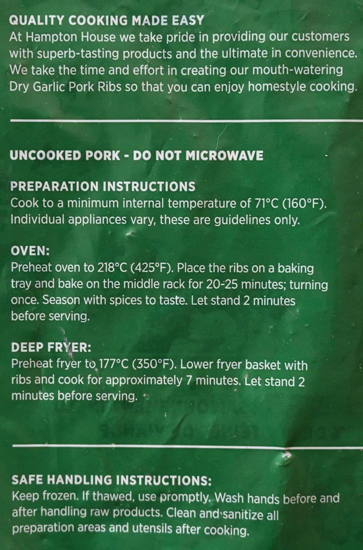 Costco Hampton House Dry Garlic Ribs cooking instructions from bag. 