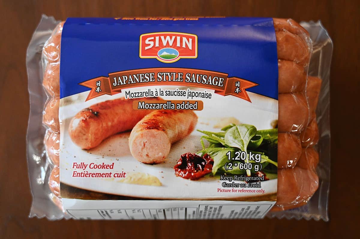 Costco Siwin Japanese Style Sausage package with sausages in it sitting on a table. 