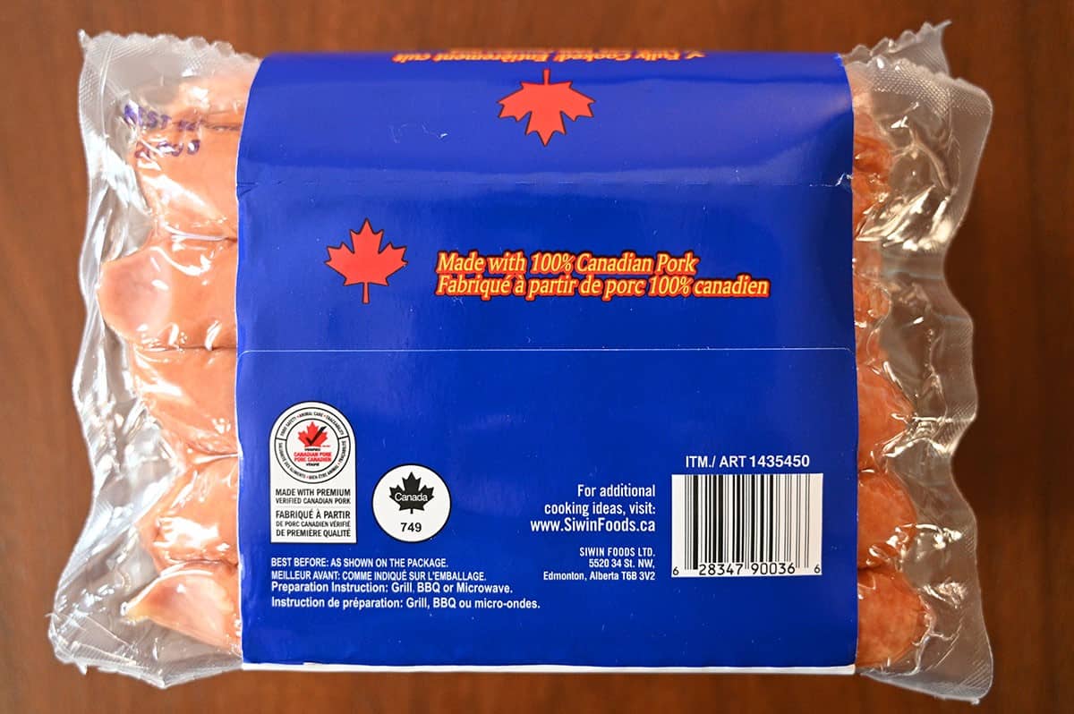 Image of Costco Siwin Japanese Style Sausage package saying they're made with 100% Canadian Pork. 