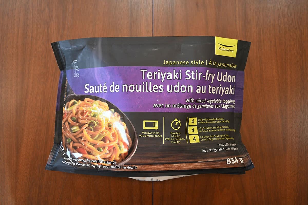 Costco Pulmuone Teriyaki Stir-Fry Udon  package sitting on a table. 