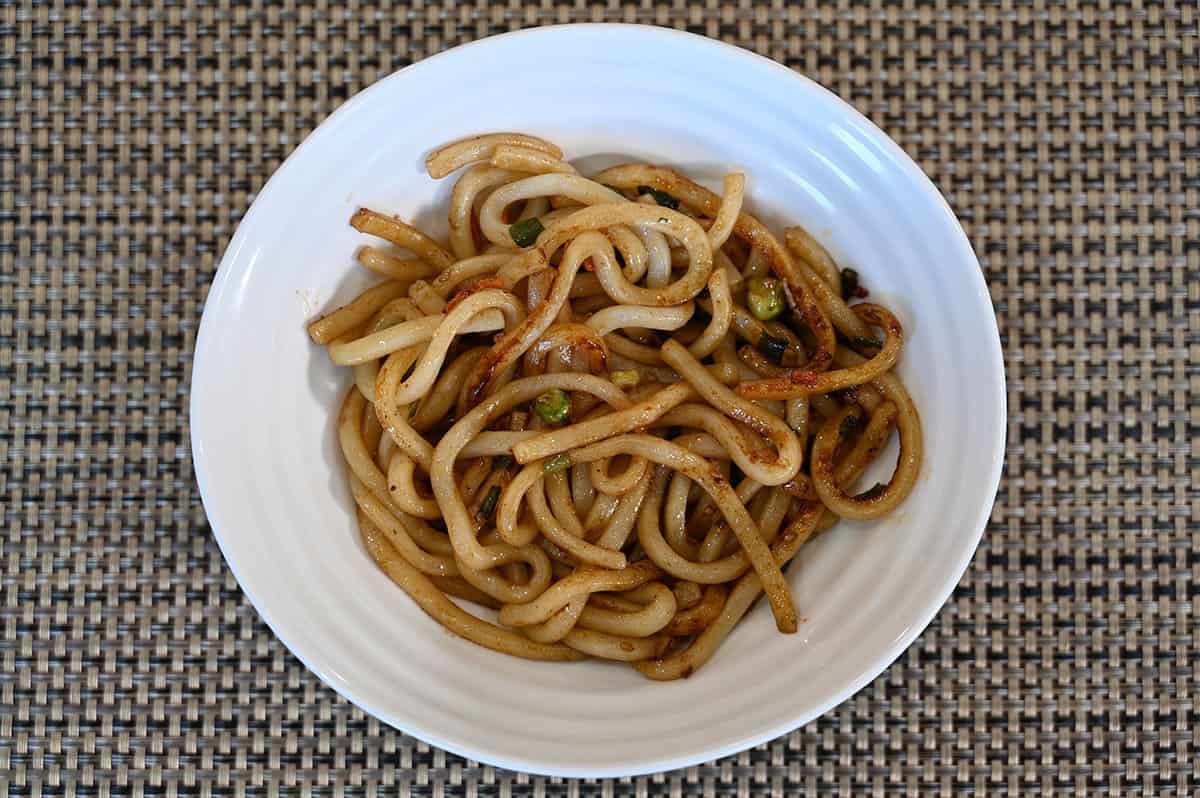 Costco Teriyaki Stir-Fry Udon cooked and served in a white bowl. 