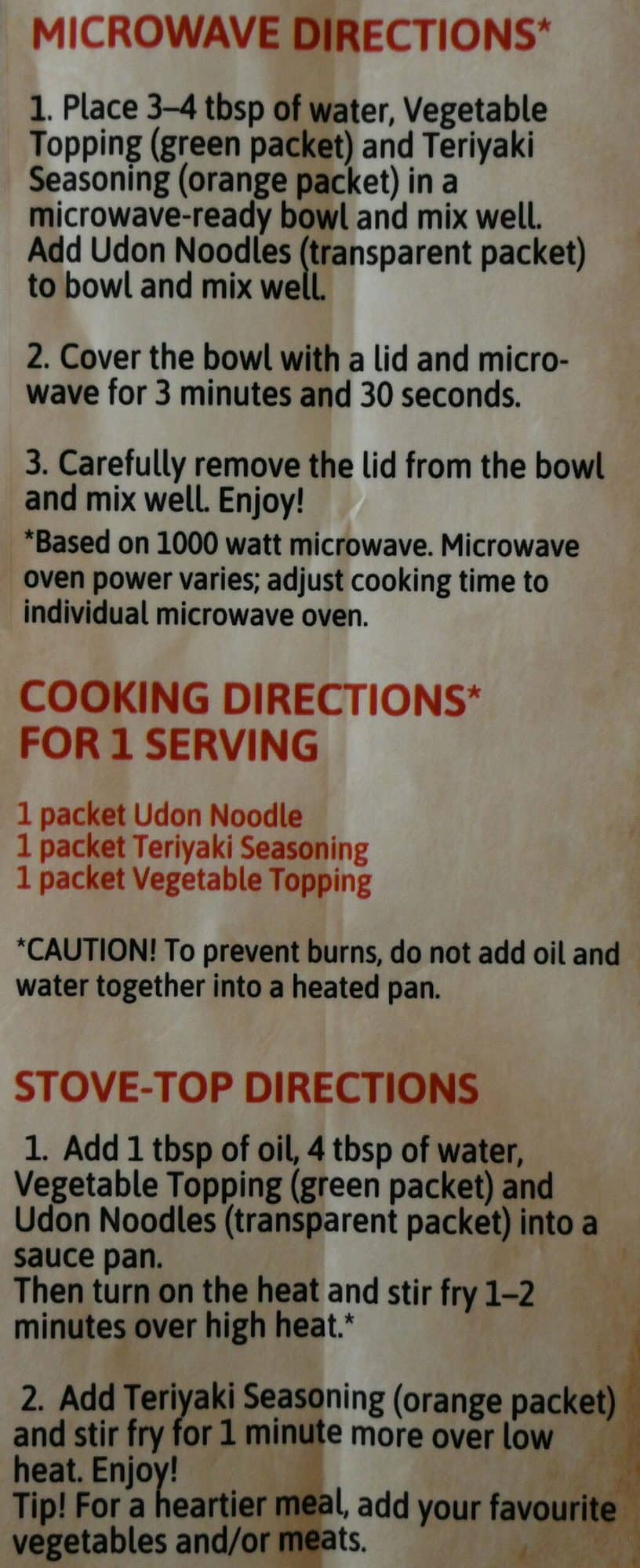 Costco Teriyaki Stir-Fry Udon cooking directions. 