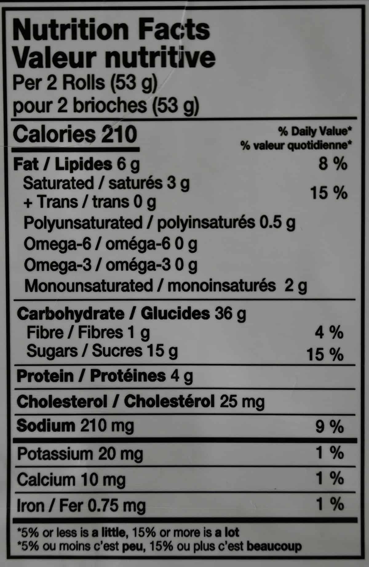 Costco Universal Bakery Petite Cinnamon Rolls nutrition facts from container. 