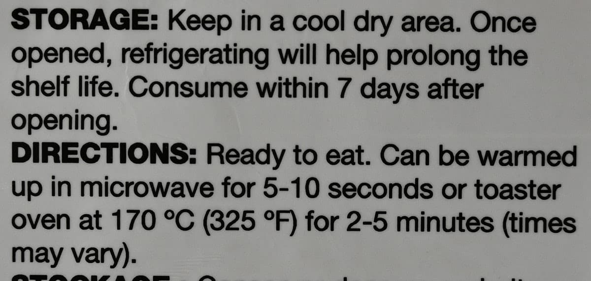 Costco Universal Bakery Petite Cinnamon Rolls storage instructions from container. 