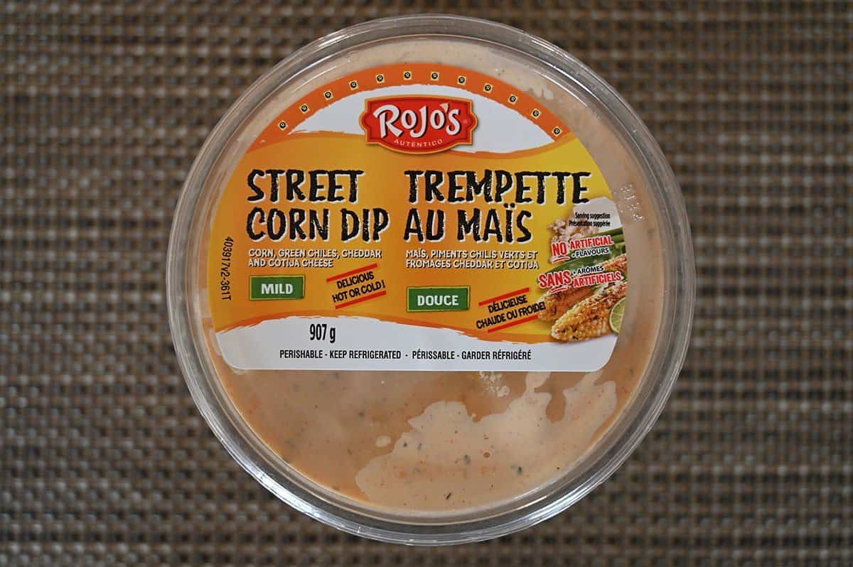 Costco Rojo's Street Corn Dip top down image showing the top label on the container. 