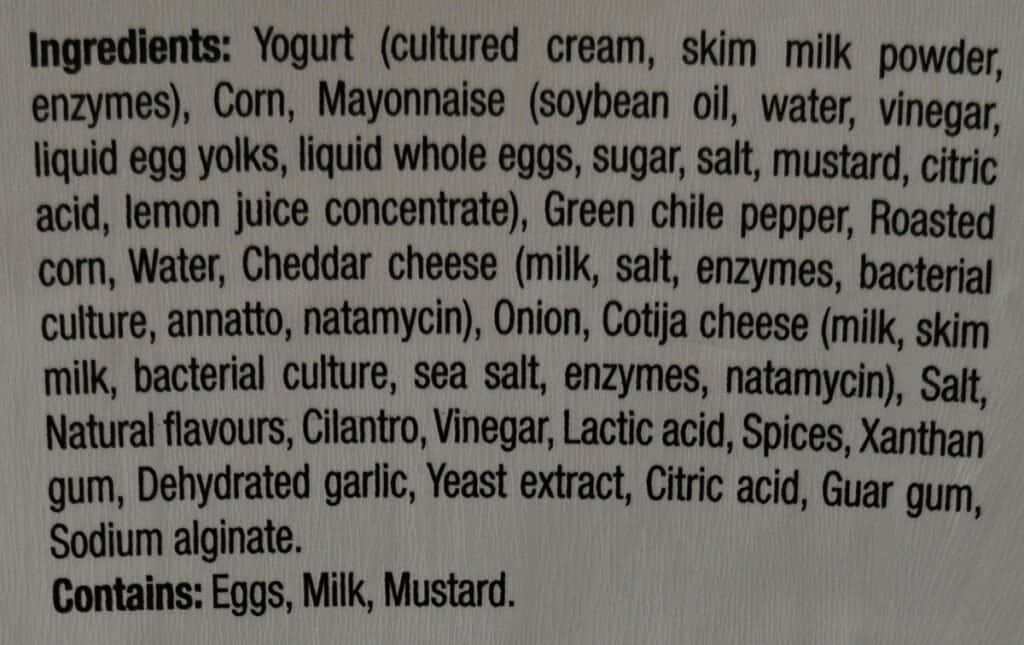 Costco Rojo's Street Corn Dip ingredients label. 