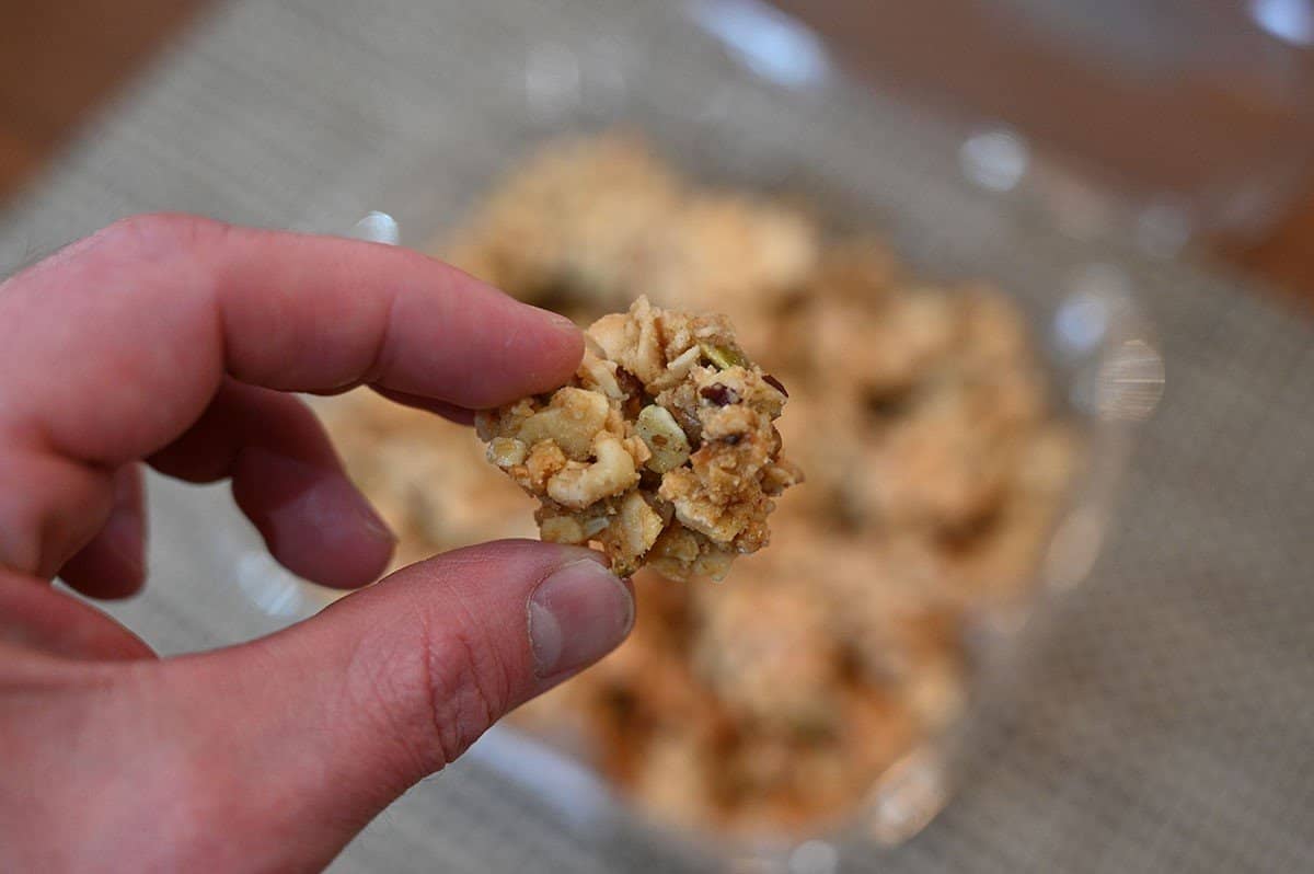 Closeup image of one cluster of Costco granola being held. 