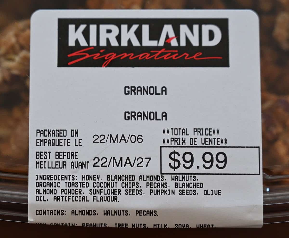 Closeup image of the Costco Kirkland Signature Granola label on container. 