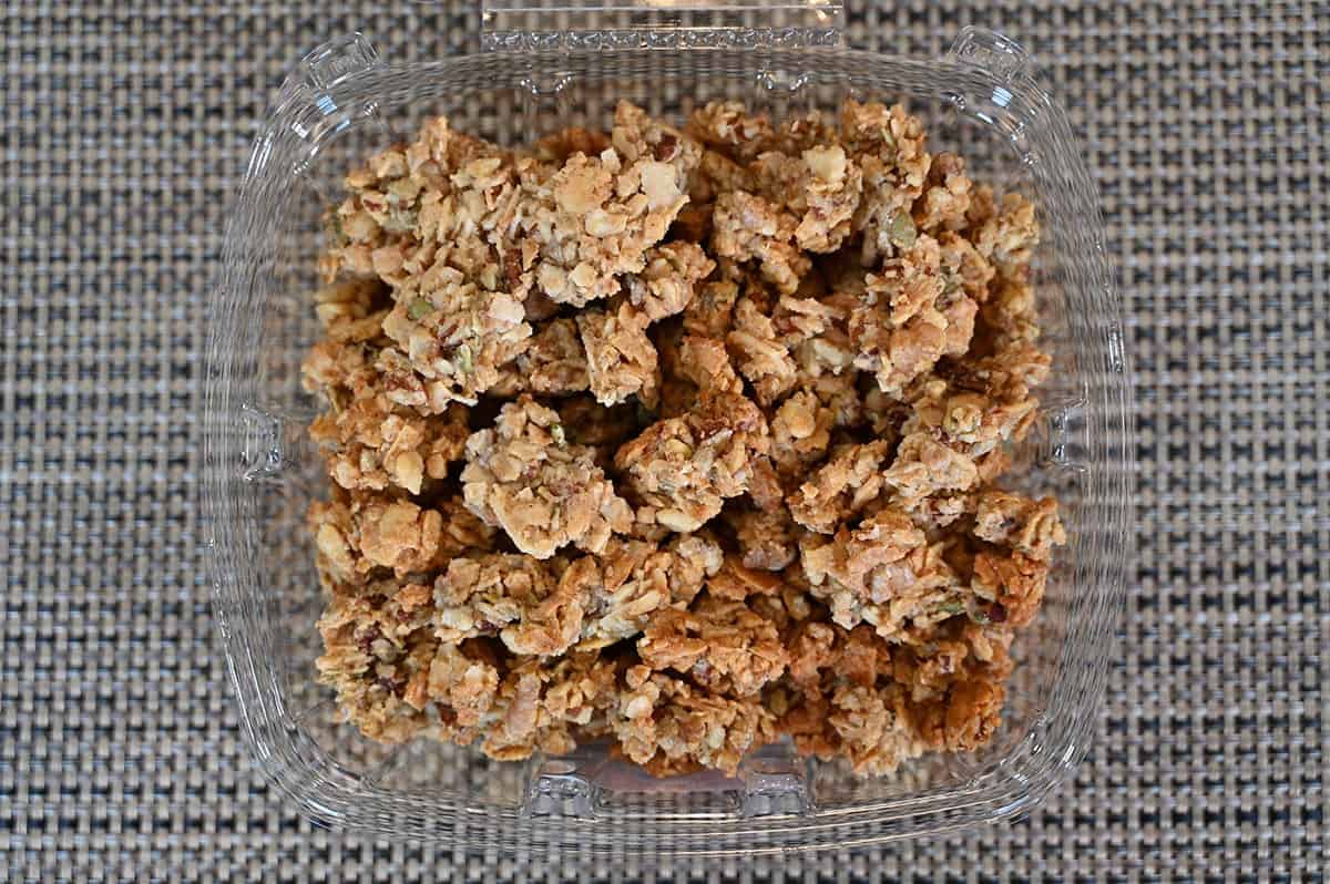 Costco Kirkland Signature Granola with lid off, top down image. 