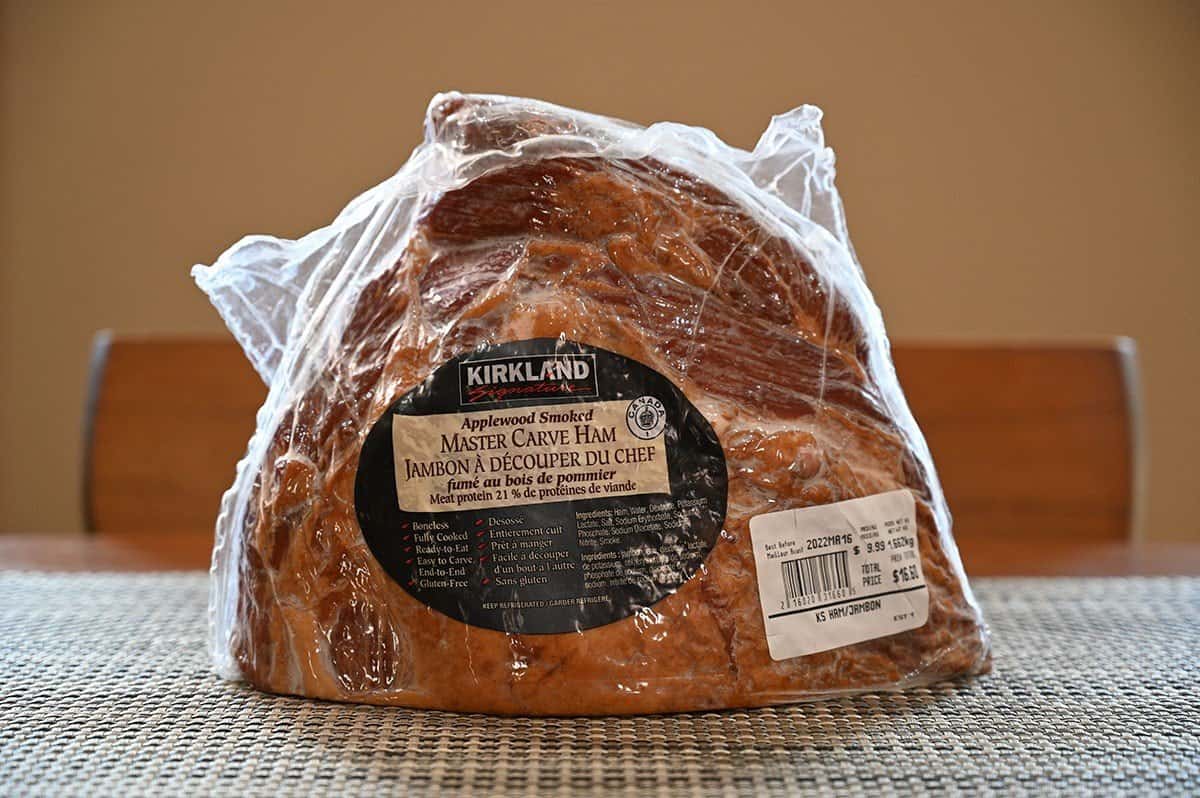 Costco Kirkland Signature Master Carve Ham sitting on a table, still in packaging. 